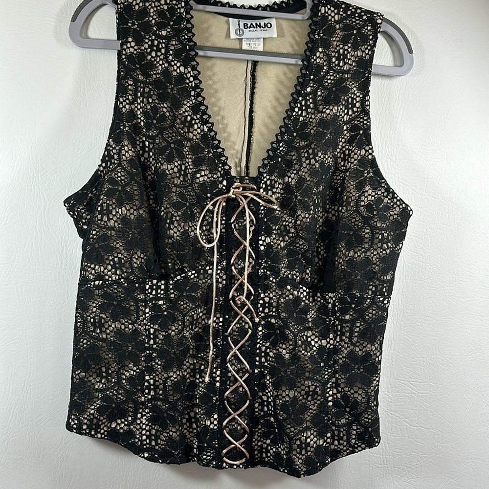 Vintage Banjo Black Lace Camisole/Corset Style Sleeveless Top, L